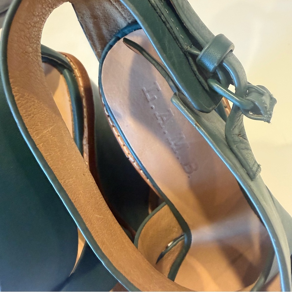 L.A.M.B Green Leather Platform Wedge Sandals Size 6 Designer Strappy Heels - Picture 5 of 8